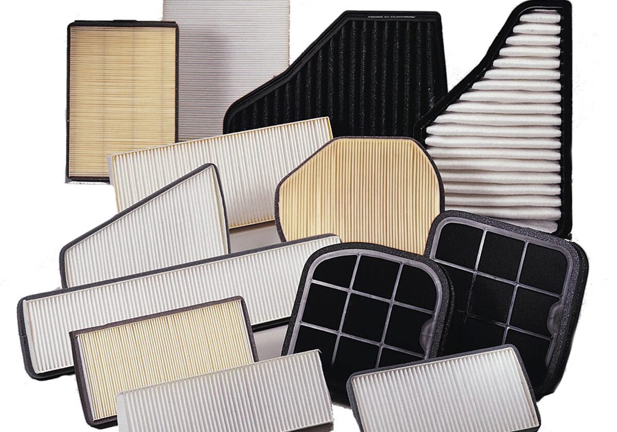 Various car air filters on display.