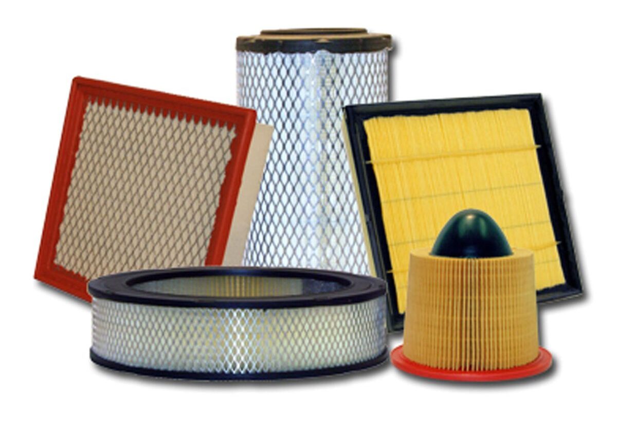 Various automotive air filters on display.