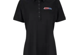 Black polo shirt with embroidered logo.