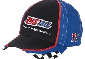 Blue and black cap with racing design.