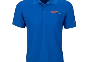 Blue polo shirt with embroidered logo.