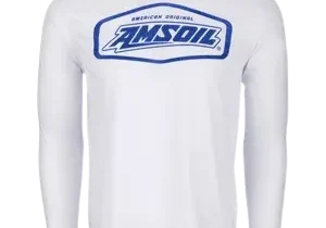White long-sleeve shirt with blue logo.