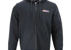 Black zip-up hoodie with logo design.