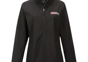 Black jacket with embroidered logo on chest.