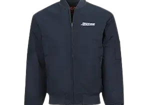 Navy blue bomber jacket with logo.