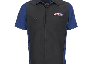 Black and blue short-sleeve work shirt.