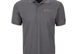 Gray polo shirt with embroidered logo.