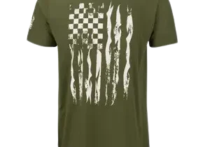 Olive T-shirt with distressed flag design.