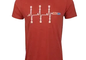 Red t-shirt with heartbeat and gears design.