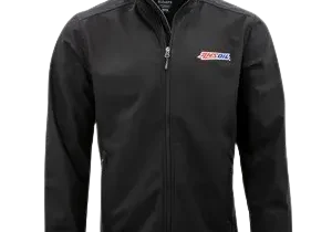 Black jacket with embroidered logo on front.