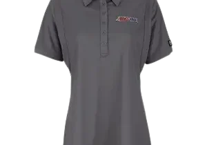 Gray polo shirt with embroidered logo.