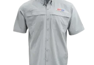 Gray short-sleeve button-up shirt.