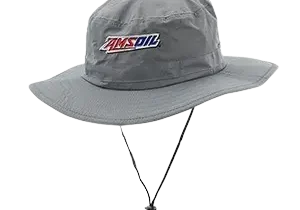 Gray bucket hat with logo and strap.