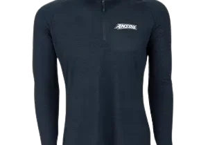 Black long-sleeve athletic shirt with logo.