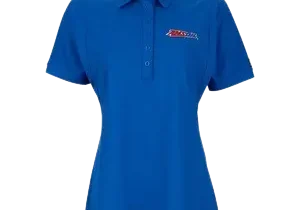 Blue polo shirt with embroidered logo.