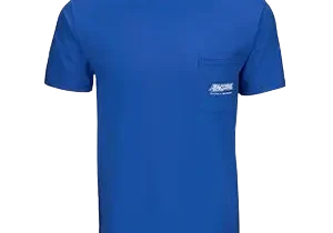 Blue t-shirt with small chest pocket.