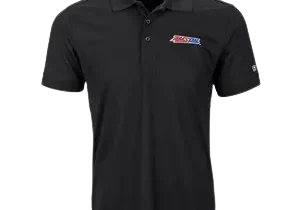 Black polo shirt with embroidered logo.