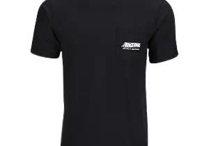 Black T-shirt with small front logo.