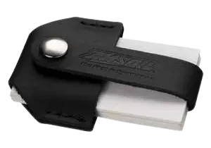 Black leather key holder with metal button.