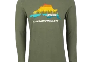 Olive long-sleeve shirt with colorful graphic design.