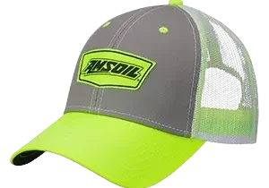 Gray and neon green mesh baseball cap.