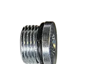 Metallic threaded plug on black background.