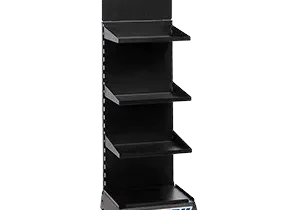 Black AMSOIL display shelf with four tiers.
