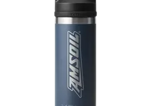 Blue travel mug with black handle.