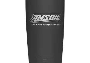 Gray AMSOIL tumbler with logo and text.