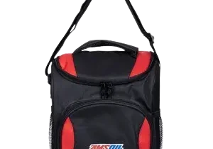 Black and red insulated cooler bag.
