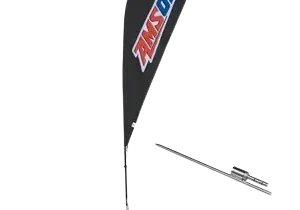 Black teardrop flag with metal base.