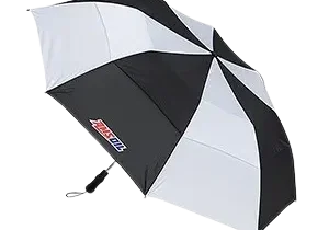 Black and white umbrella, logo on panel.