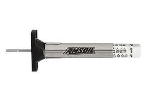 Metal grease gun with black handle.