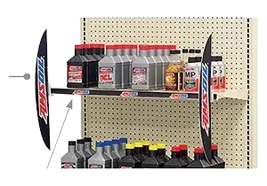 Shelves with automotive oil bottles displayed.
