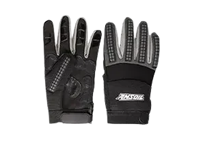 Black and gray motorcycle gloves on display.