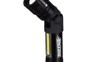 Black adjustable LED flashlight on black background.