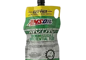 Amsoil transmission fluid pouch on black background.