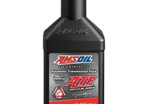 AMSOIL automatic transmission fluid bottle, black background.