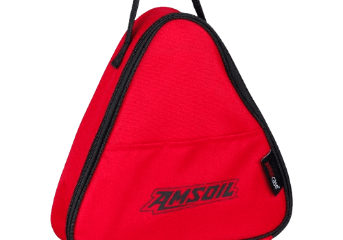 Red triangular bag with black trim.