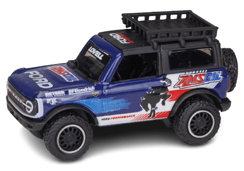 Blue toy SUV with racing decals.