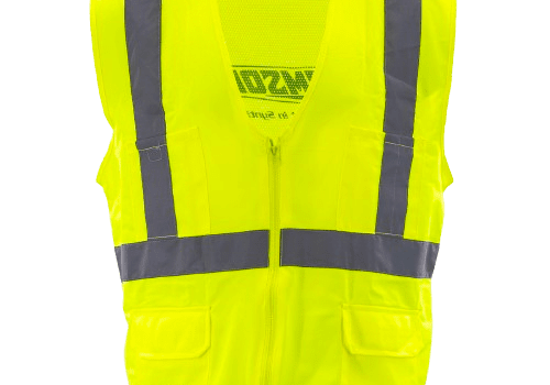 Yellow safety vest with reflective stripes.
