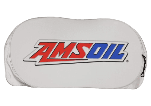 Amsoil logo on white car sunshade.