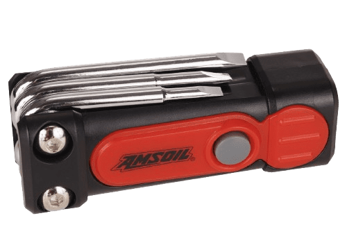 Red and black multi-tool with screwdrivers.