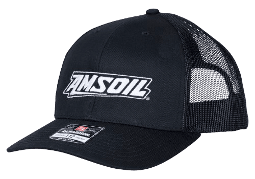 Black AMSOIL mesh trucker cap, side view.
