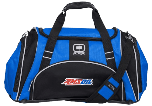 Blue and black duffel bag with logos.