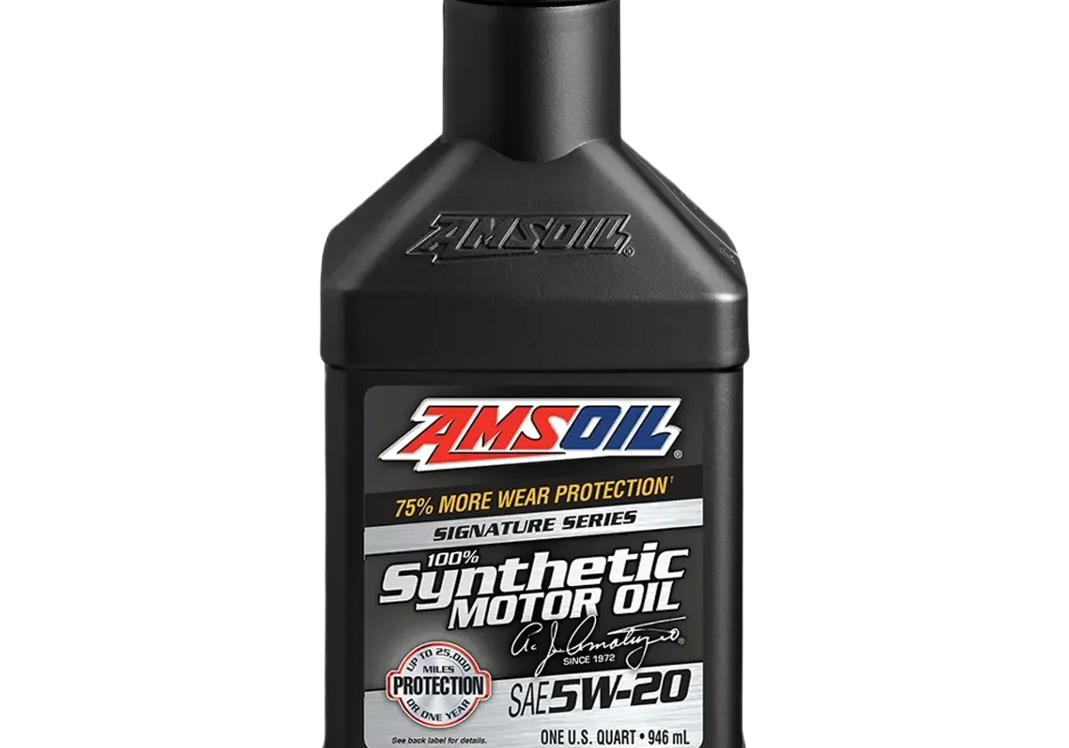 AMSOIL synthetic motor oil bottle, black background.