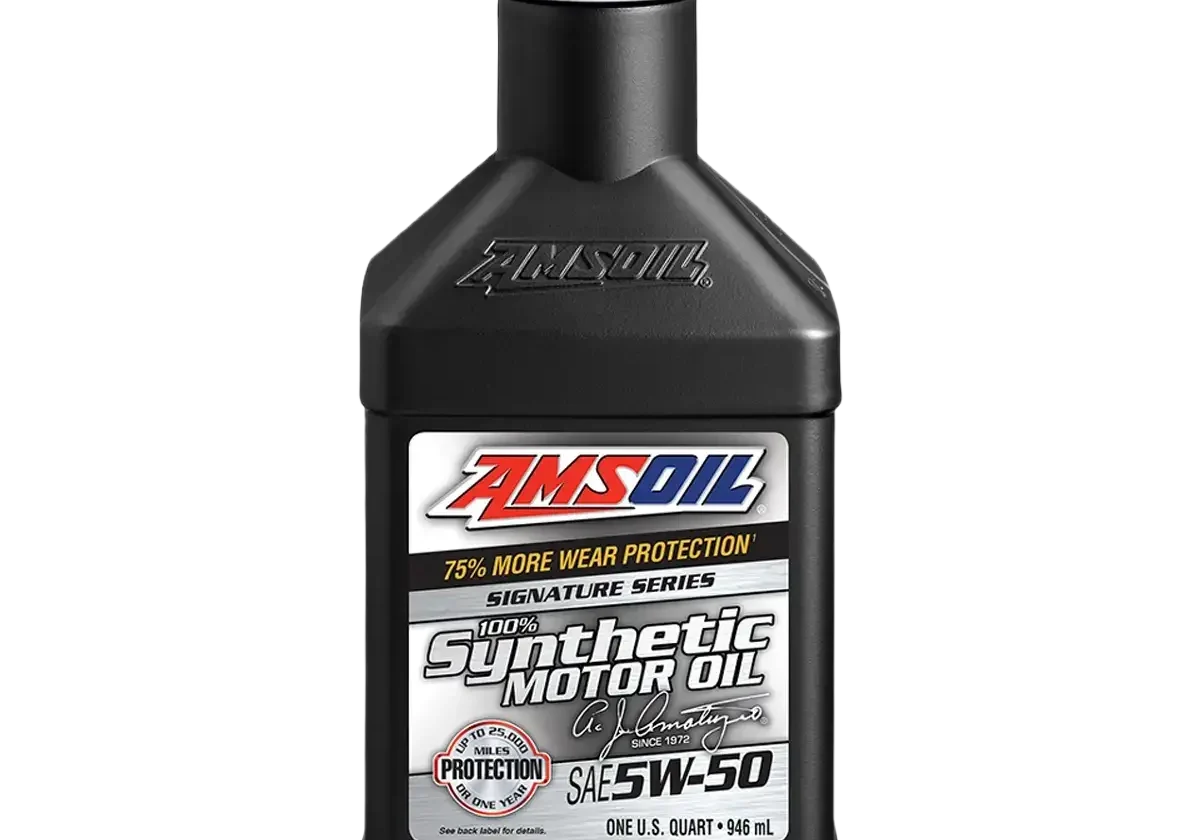 Black AMSOIL synthetic motor oil bottle.