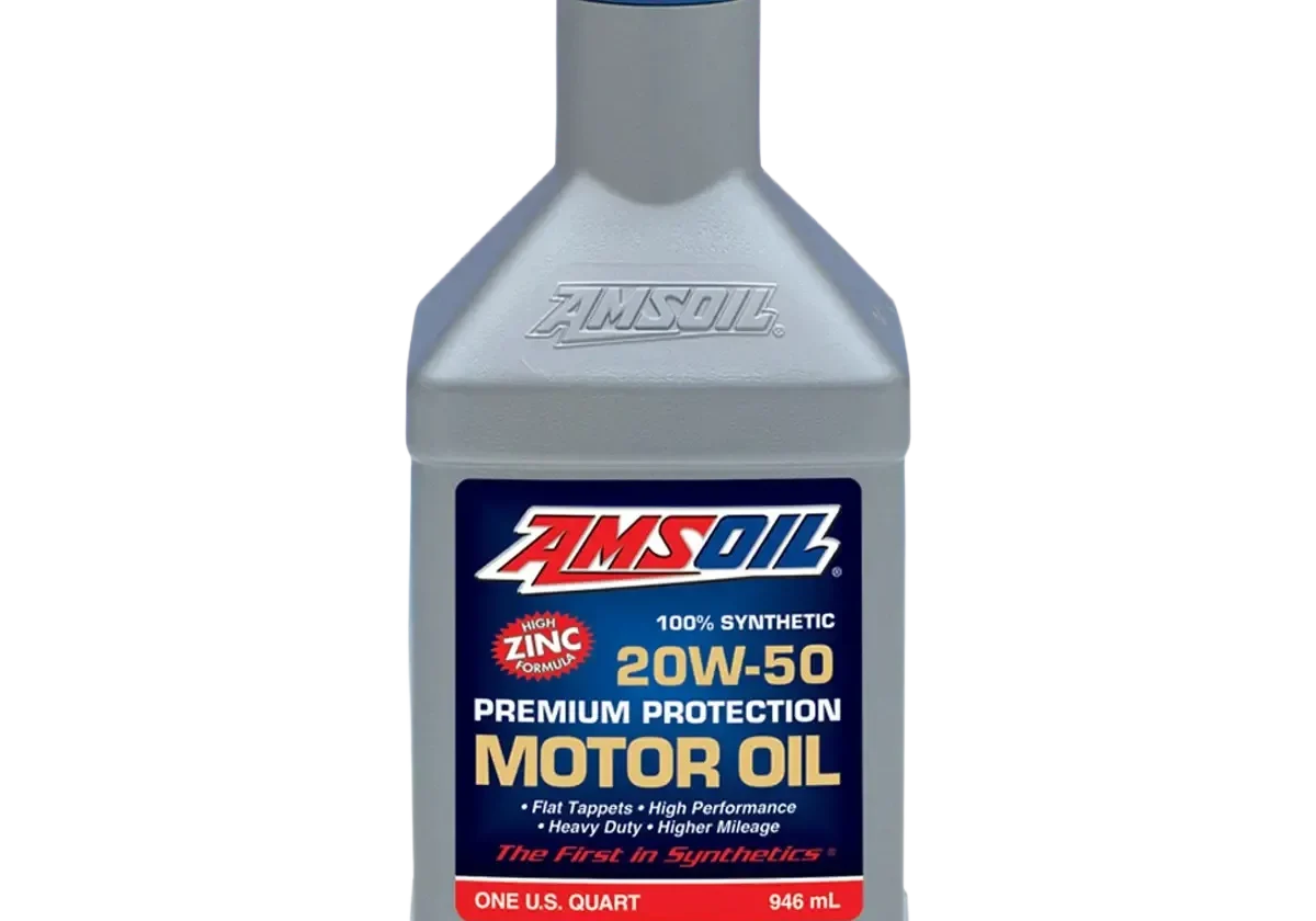 AMSOIL 20W-50 synthetic motor oil bottle.