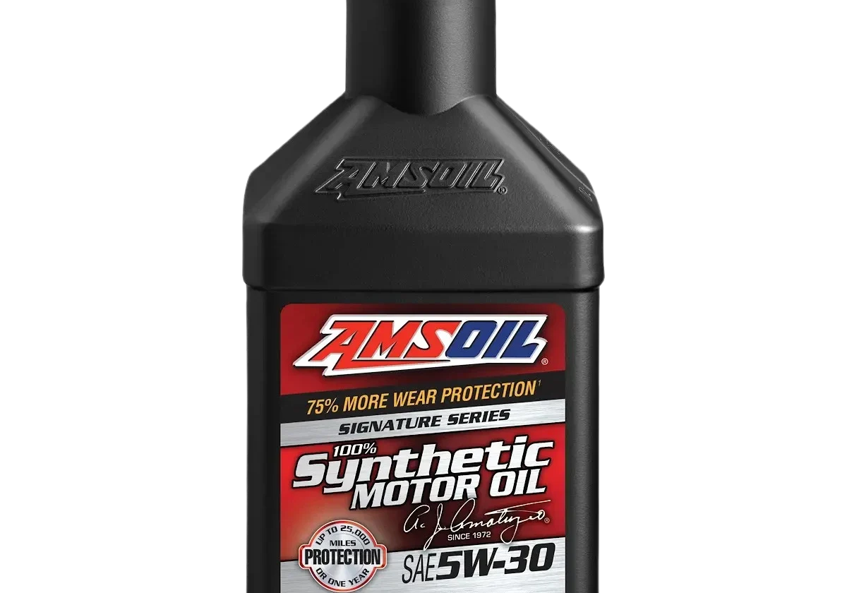 Synthetic motor oil bottle, black with red cap.