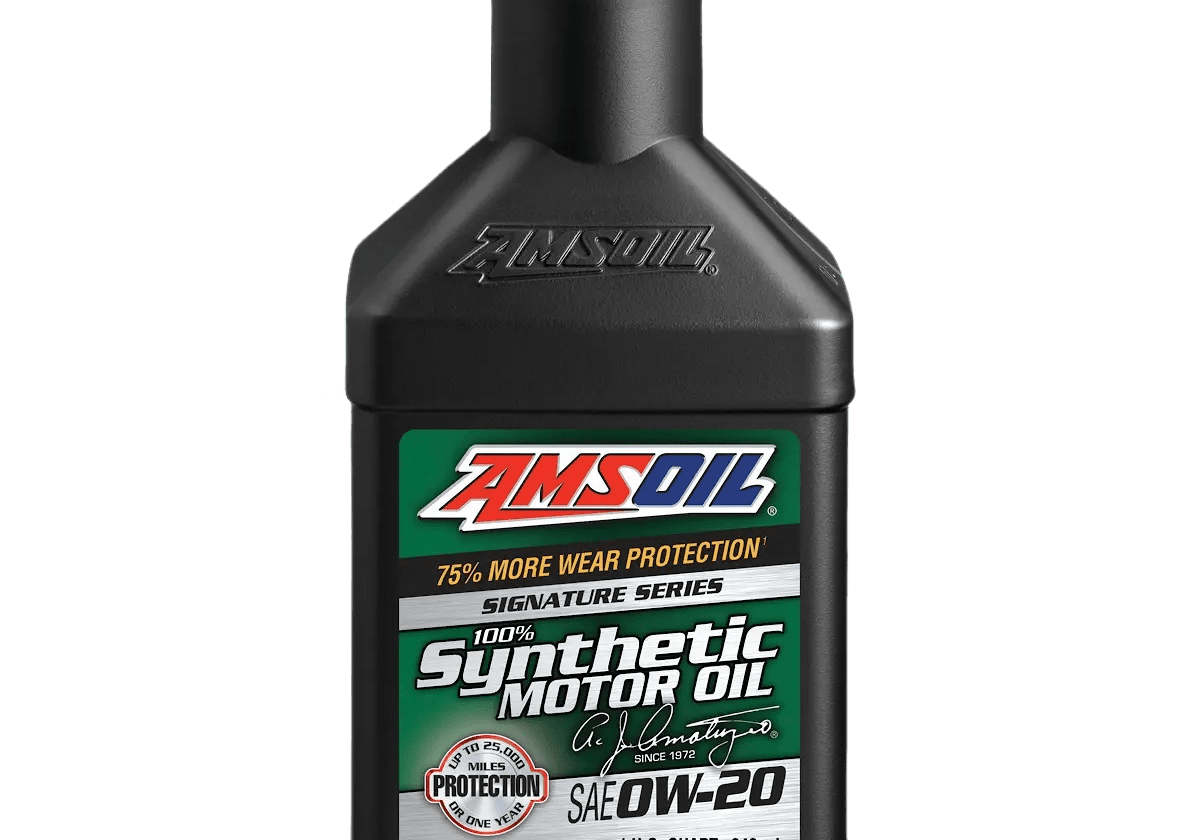 Amsoil synthetic motor oil bottle, black background.